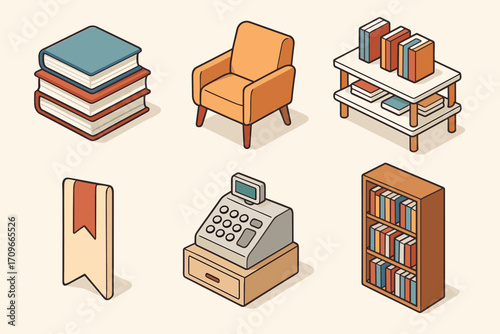 Library and reading isometric icon set. featuring books, armchair, bookshelf, bookmark, cash register, book collection