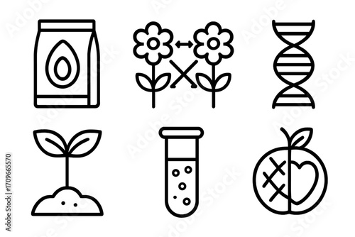 Genetics and agriculture linear icon set. featuring dna, test tube, seed, sprout, hybrid flowers, organic