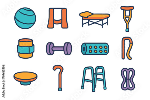 Rehabilitation equipment flat icon set. featuring ball, crutch, walker, weights, roller, and therapy bed symbols