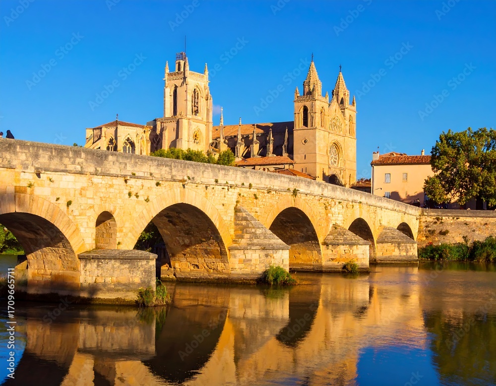 Fototapeta premium Stone bridge over a calm river, leading to a cathedral under a clear sky