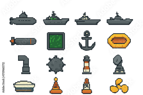 Marine warfare flat icon set. featuring submarine, battleship, torpedo, sonar, anchor, and lighthouse symbols