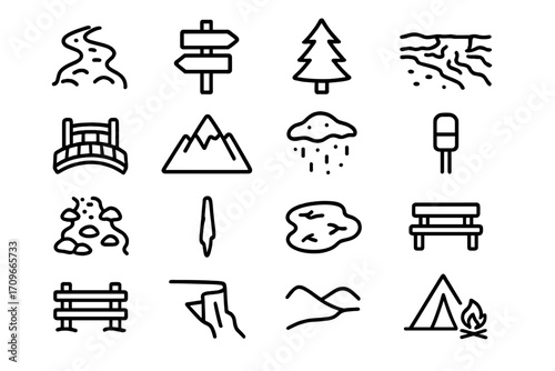 Nature and adventure linear icon set. featuring trail, signpost, tree, river, bridge, mountain, rain, buoy symbols