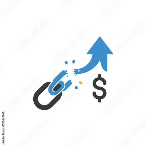 This illustration depicts the concept of breaking free from financial constraints, leading to significant monetary growth and upward progress.