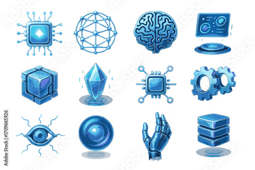 Technology futuristic linear icons set. ai chip, network, brain, analytics, cube, crystal, circuit, gears