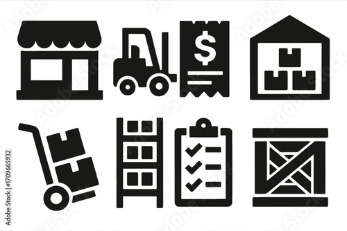 Logistics and delivery silhouette icon set. featuring warehouse, forklift, invoice, store, checklist, crates