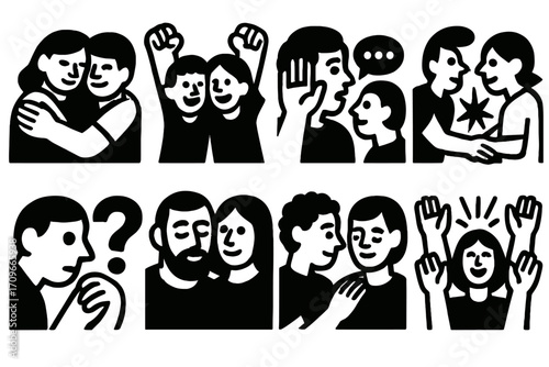 Emotional interaction silhouette icon set. featuring hug, cheer, listening, dialogue, question, comfort, and celebration icons