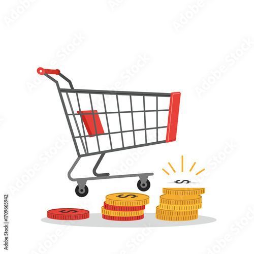 A vibrant illustration features an empty shopping cart positioned beside gleaming stacks of gold and red coins, representing commerce, savings, and consumer finance.