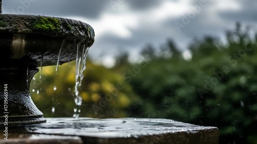 Slow Motion Food & Beverage Close-up of Water Droplets Falling from a Fountain Spout