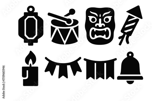 Festival silhouette icon set. featuring lantern, drum, mask, firework, candle, bunting, bell symbols