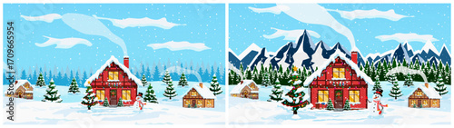 Winter landscape with cozy christmas decorated house and mountains. Winter village scene with snow, snowman, and pine forest for holiday card.