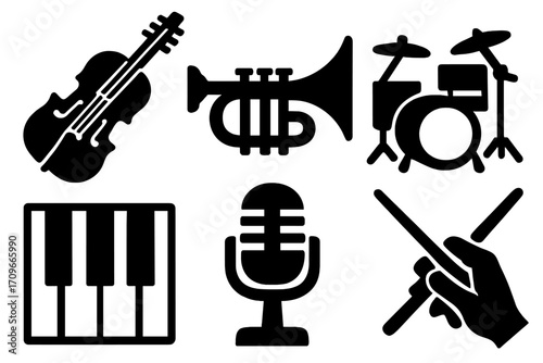 Music instruments silhouette icon set. featuring violin, trumpet, drums, piano, microphone, drumsticks