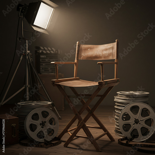 Director's chair centered in a film studio with a spotlight, film reels, and a clapboard, creating a cinematic atmosphere.