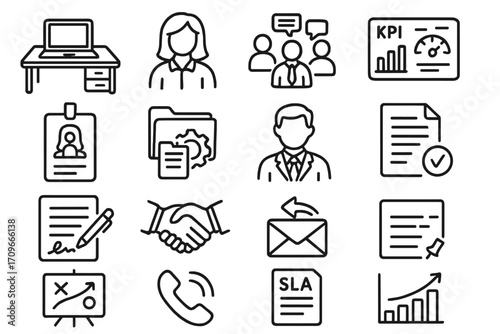 Business and office elements linear icon set. featuring desk, employee, kpi, documents, handshake, and phone symbols