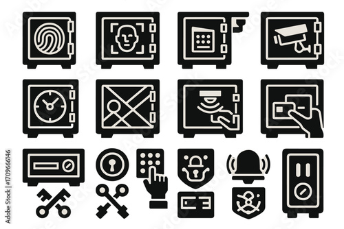 Security system flat icon set. featuring safe, fingerprint, face id, keypad, cctv, alarm, and key symbols