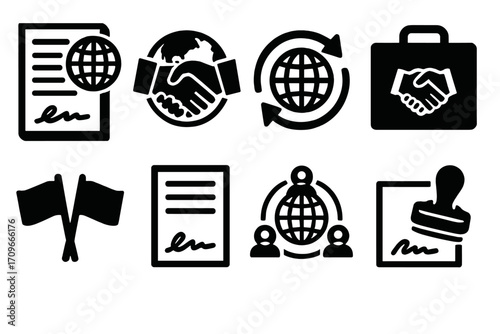 Business and global silhouette icon set. featuring contract, handshake, globe, suitcase, stamp, and teamwork symbols