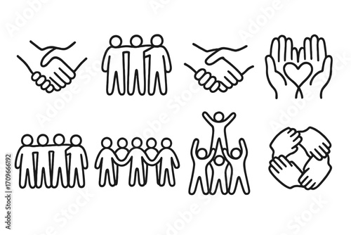 Community and unity linear icon set. featuring teamwork, support, collaboration, partnership, and friendship symbols