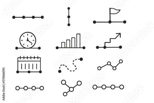 Timeline process linear icon set. featuring line, clock, flag, diagram, graph, calendar, and steps symbols