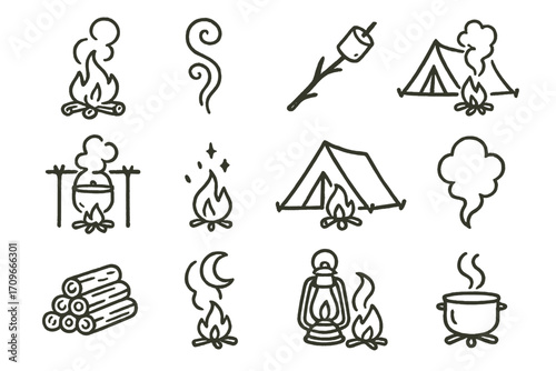Camping essentials linear icon set. featuring campfire, tent, lantern, cooking pot, and marshmallow symbols