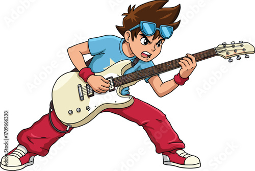 Animated cartoon boy playing electric guitar, performing with passion, wearing sunglasses, red pants, and blue shirt, energetic musical character illustration, stage vibe