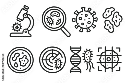 Science and biology linear icons set. featuring microscope, bacteria, virus, petri dish, radar, dna, and cell symbols