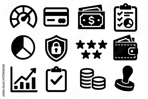 Finance silhouette icon set. featuring dashboard, credit card, cash, reports, pie chart, security, ratings, wallet