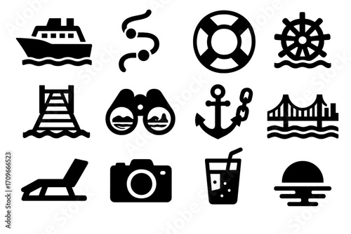 Maritime silhouette icon set. featuring ship, waves, lifebuoy, helm, bridge, binoculars, anchor, sunbed, camera, drink, sunset