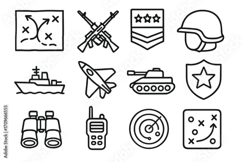 Military linear icon set. featuring strategy map, rifles, badge, helmet, ship, jet, tank, shield, binoculars, radio, radar, mission.