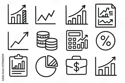 Business data linear icon set. featuring graph, chart, growth, money, calculator, percentage, and report symbols