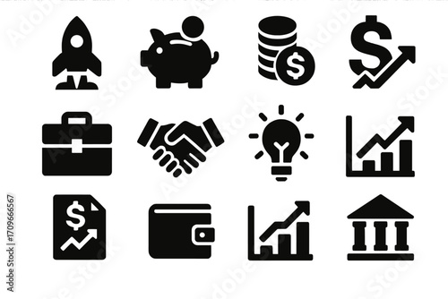 Finance silhouette icon set. featuring rocket, piggy bank, coins, dollar, briefcase, handshake, bulb, chart, wallet, bank
