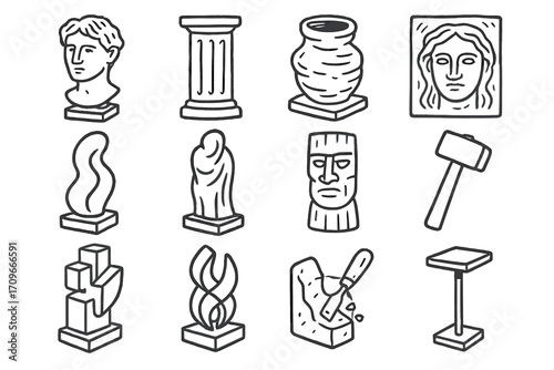 Historical artifacts linear icons set. featuring bust, column, vase, sculpture, mask, and tools