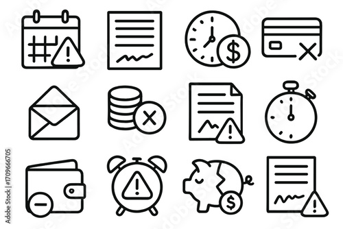 Finance alert linear icon set. featuring calendar, document, clock, card, email, coins, wallet, alarm, piggy bank