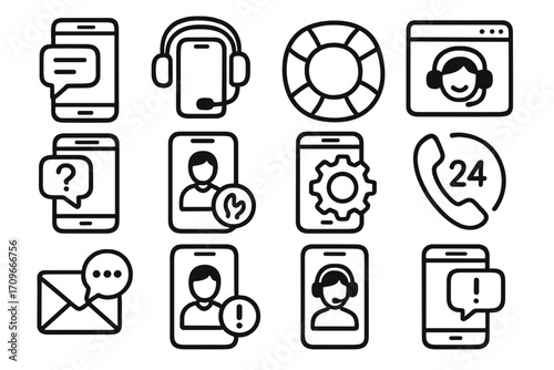 Customer support linear icon set. featuring chat, headset, help, email, phone, settings, and support symbols