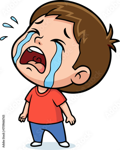 Cartoon Boy Sobbing Tears, Upset Child Illustration