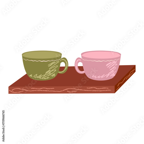Two coffee cup crayon isolated. Cozy cacao and coffee autumn season. Autumn mug for thanksgiving design