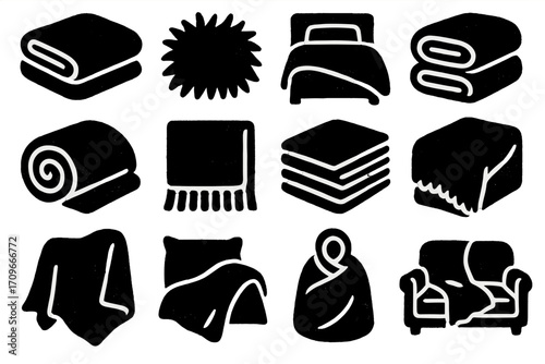 Home essentials silhouette icon set. featuring blanket, pillow, bed, towel, throw, and sofa symbols