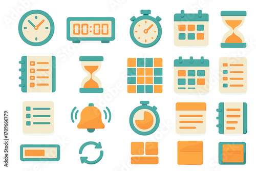 Time management flat icon set. featuring clock, calendar, alarm, hourglass, schedule, and stopwatch symbols