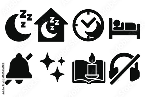 Bedtime routine silhouette icon set. featuring sleep, moon, alarm, bedtime, stars, book, headphones, quiet, house, candle