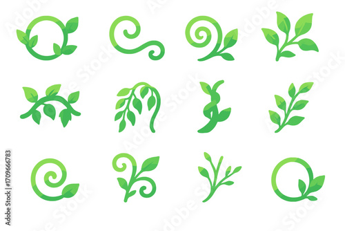 Nature elements silhouette icon set. featuring leaf, vine, swirl, tree branch, and foliage symbols