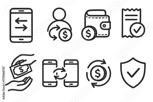 Finance mobile app linear icon set. featuring transfer, person, wallet, receipt, payment, security symbols