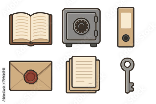 Office supplies flat icon set. featuring book, safe, binder, envelope, documents, and key