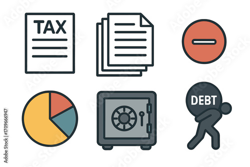 Finance silhouette icon set. featuring tax document, files, minus sign, pie chart, safe, debt