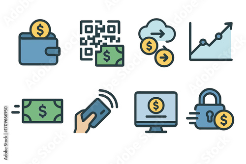 Finance flat icon set. featuring wallet, qr code, cloud transfer, growth, cash, payment, computer, and security lock symbols