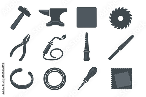 Metalwork silhouette icons set. featuring hammer, anvil, pliers, saw, torch, file, chisel, screwdriver