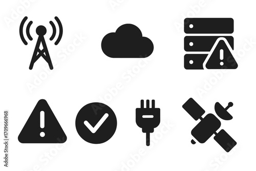 Technology alert silhouette icons set. featuring antenna, cloud, server, warning, check, plug, satellite