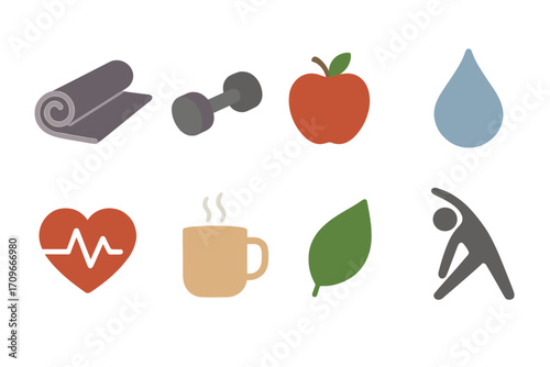Health and fitness silhouette icon set. featuring yoga mat, dumbbell, apple, water drop, heart rate, coffee cup, leaf, stretching