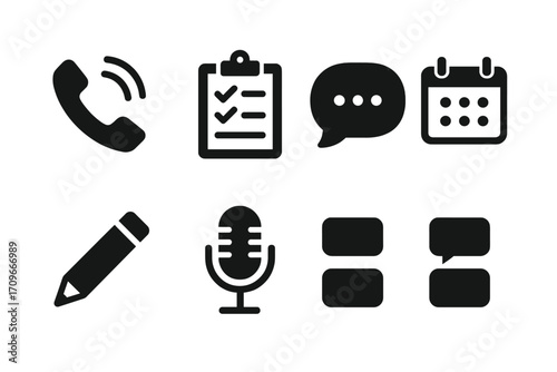 Communication and organization silhouette icon set. featuring phone, calendar, checklist, chat, microphone