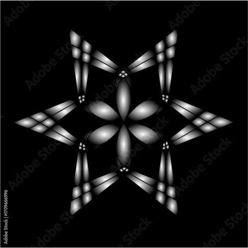 A radiant metallic flower of six silver petals expands outward, merging with star-like extensions, glowing against the infinite depth of black.