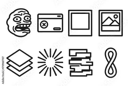 Internet meme silhouette icon set. featuring rage face, credit card, placeholder, image, layers, sunburst, stack, infinity