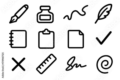 Writing tools linear icon set. featuring pen, ink, line, feather, notebook, clipboard, paper, check, cross, ruler, signature, swirl.
