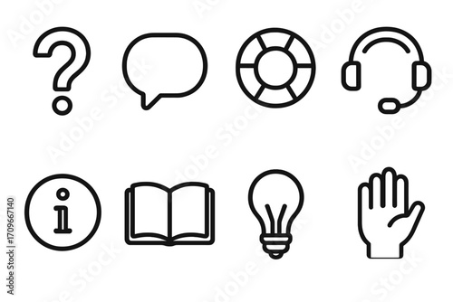 Customer support silhouette icon set. featuring help, chat, support, information, guide, idea, and assistance symbols